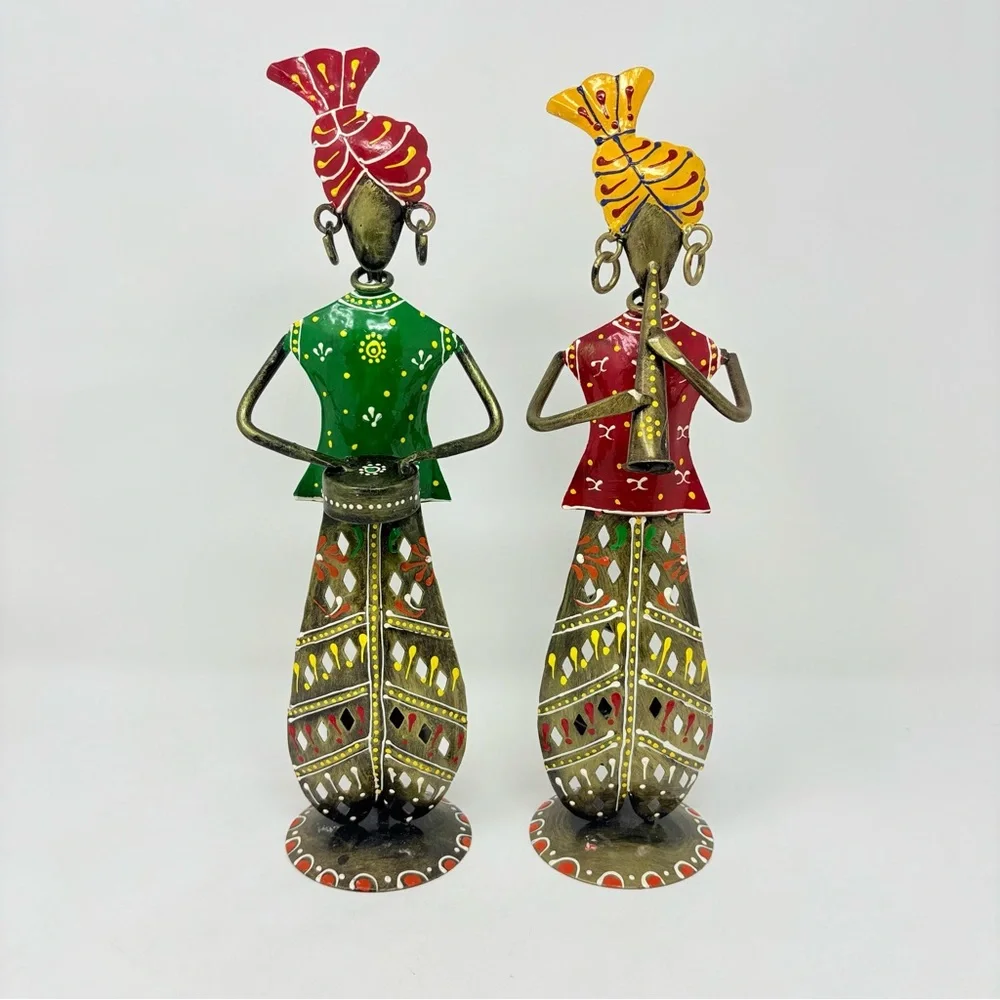 Set of 2 Candle Holder Diffuser Colorful Metal Indian Musician Table Decor 11.5”